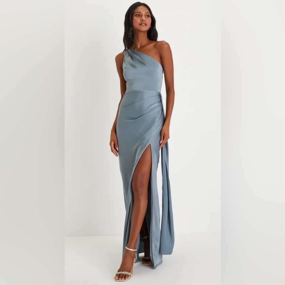 Lulu's Slate Blue One-Shoulder Maxi Dress